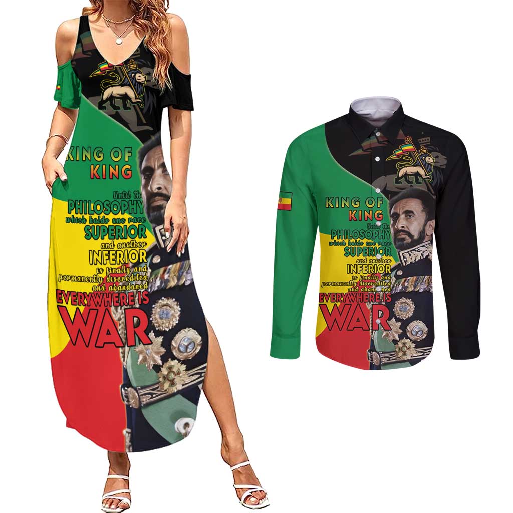 Haile Selassie Couples Matching Summer Maxi Dress and Long Sleeve Button Shirt Lion Of Judah Ethiopia Rastafari