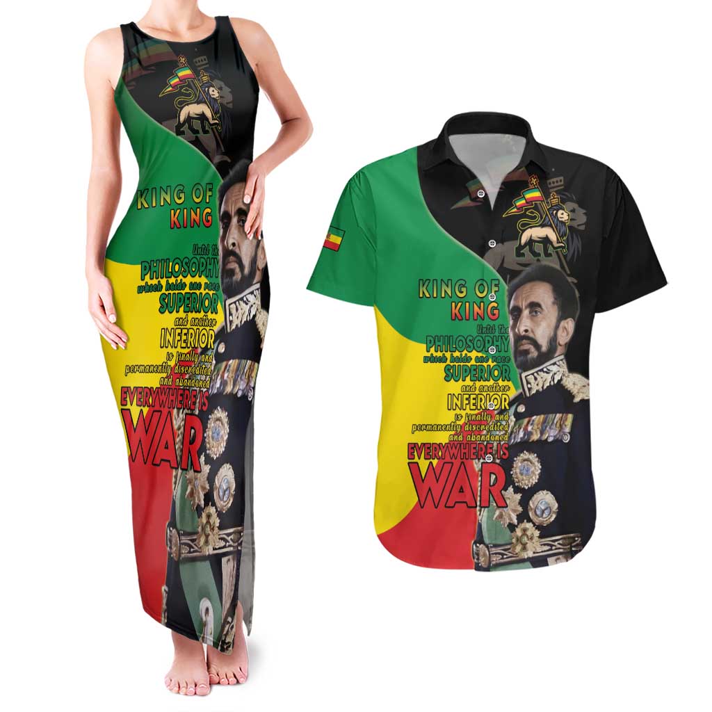 Haile Selassie Couples Matching Tank Maxi Dress and Hawaiian Shirt Lion Of Judah Ethiopia Rastafari