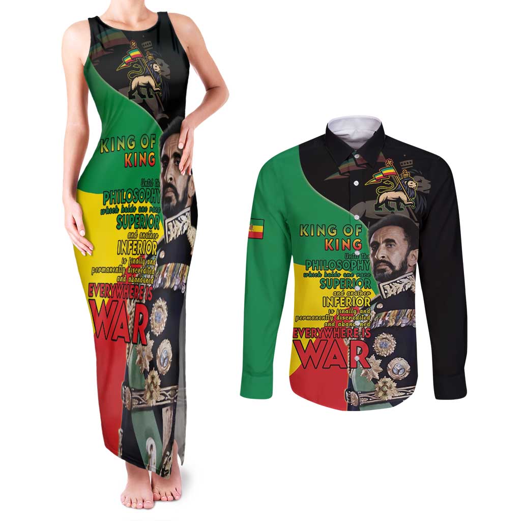 Haile Selassie Couples Matching Tank Maxi Dress and Long Sleeve Button Shirt Lion Of Judah Ethiopia Rastafari