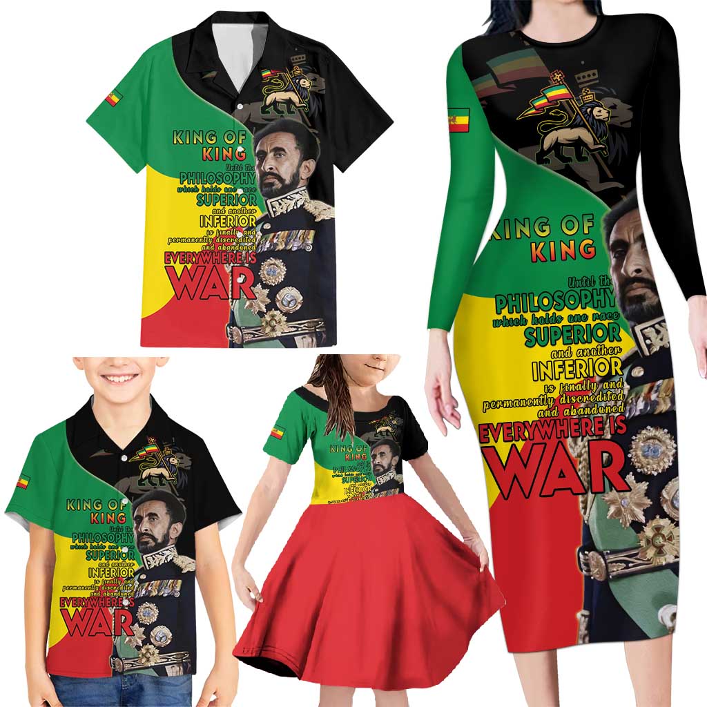 Haile Selassie Family Matching Long Sleeve Bodycon Dress and Hawaiian Shirt Lion Of Judah Ethiopia Rastafari