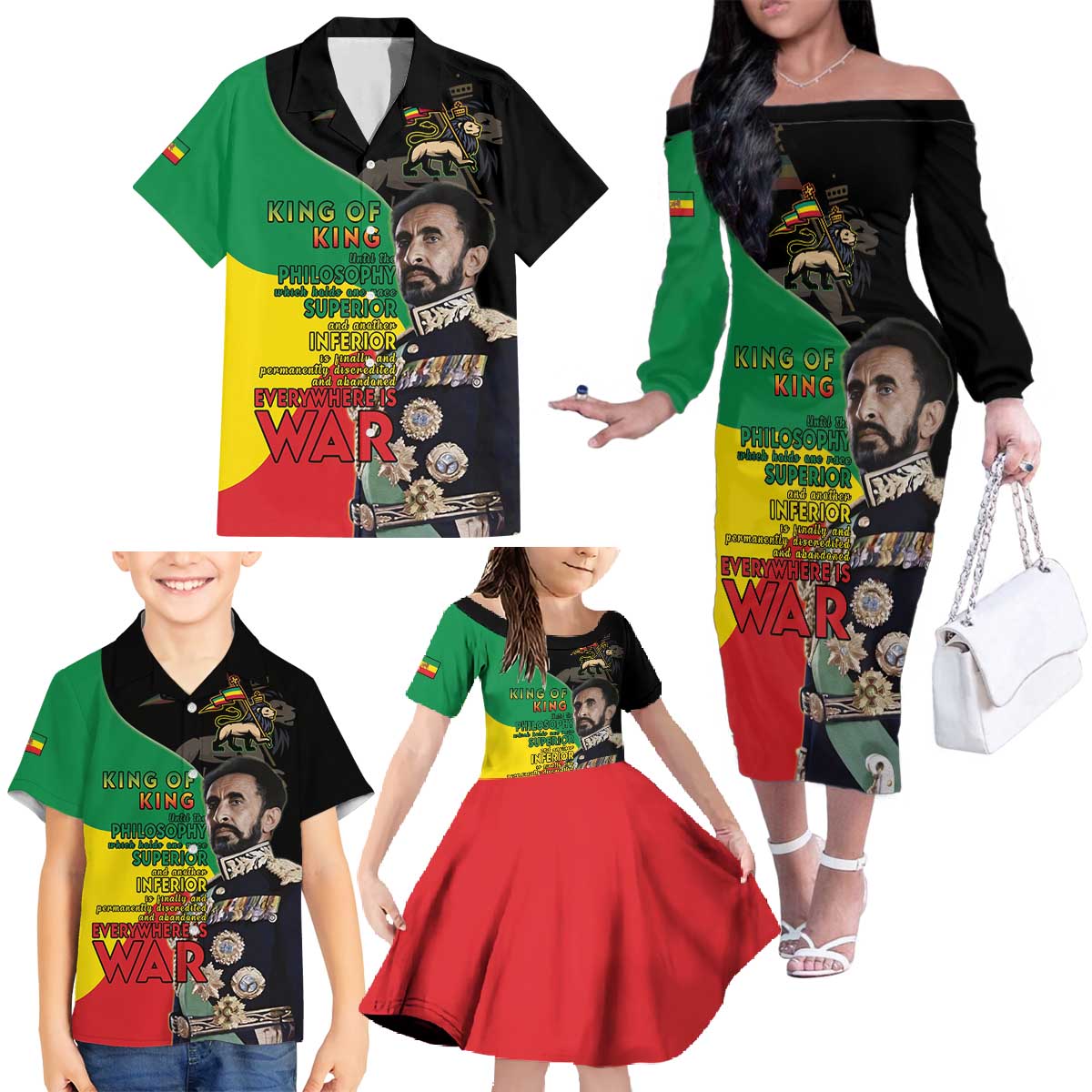 Haile Selassie Family Matching Off The Shoulder Long Sleeve Dress and Hawaiian Shirt Lion Of Judah Ethiopia Rastafari