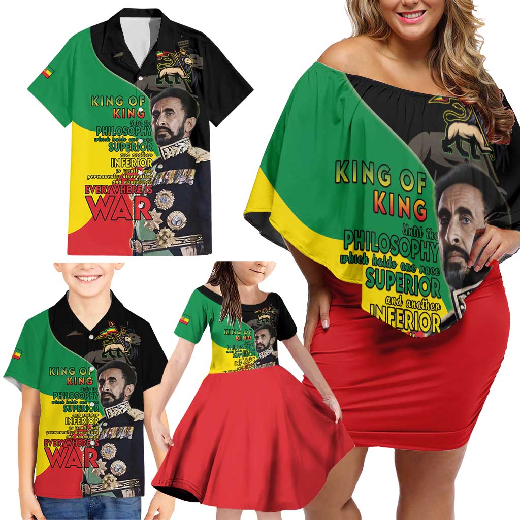 Haile Selassie Family Matching Off Shoulder Short Dress and Hawaiian Shirt Lion Of Judah Ethiopia Rastafari