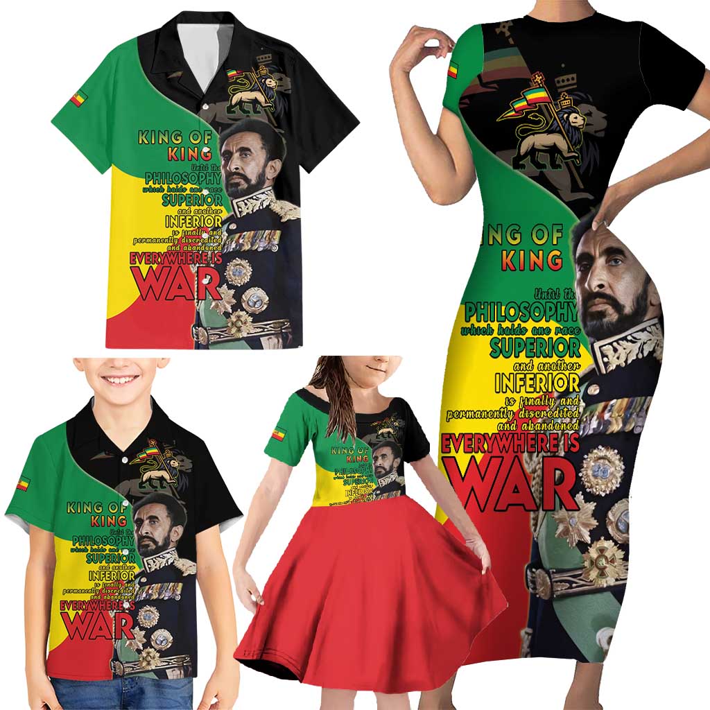 Haile Selassie Family Matching Short Sleeve Bodycon Dress and Hawaiian Shirt Lion Of Judah Ethiopia Rastafari