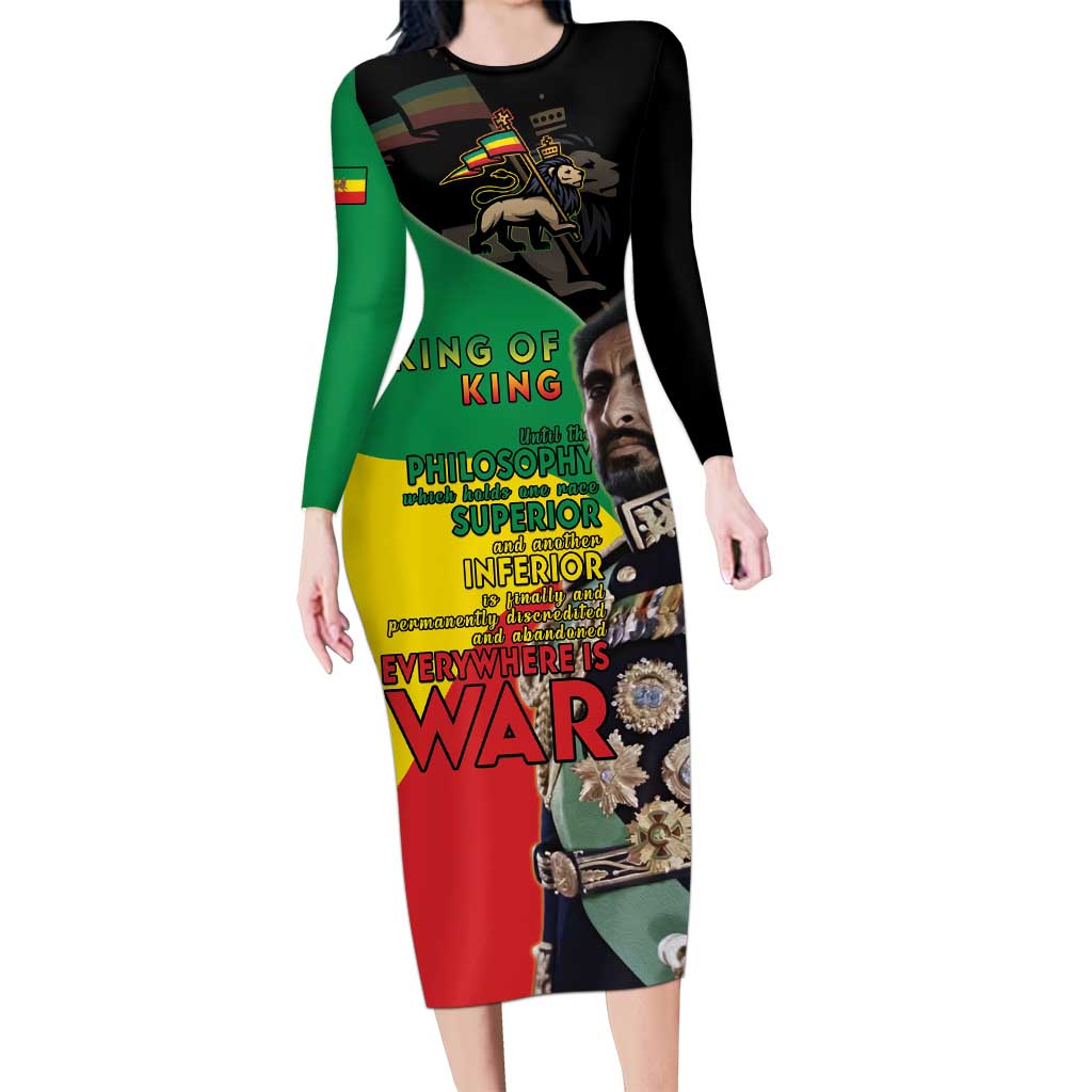 Haile Selassie Long Sleeve Bodycon Dress Lion Of Judah Ethiopia Rastafari