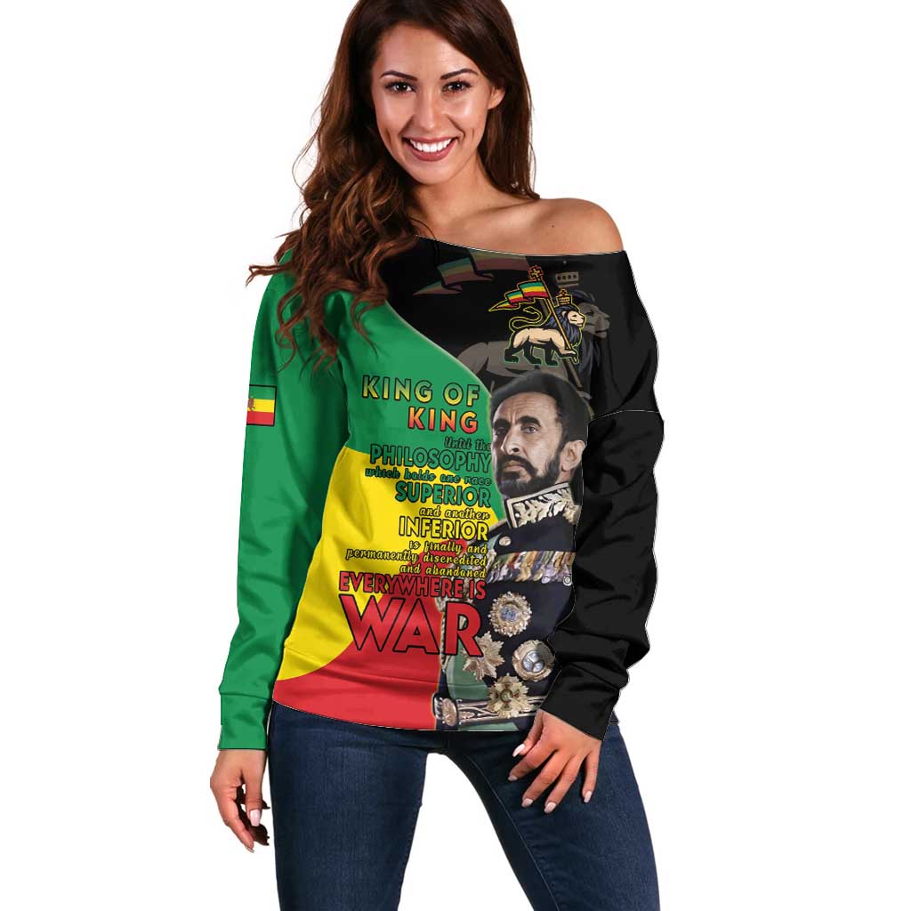 Haile Selassie Off Shoulder Sweater Lion Of Judah Ethiopia Rastafari