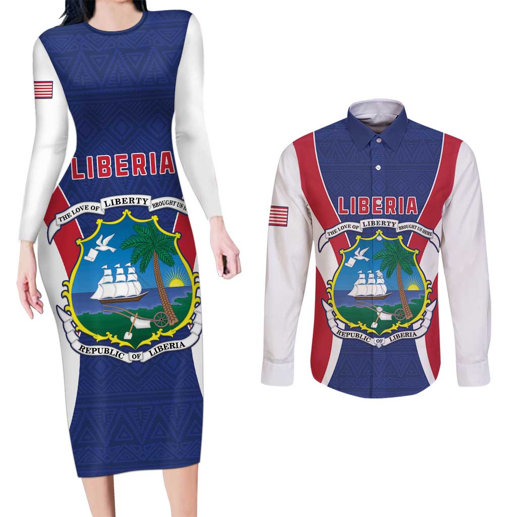 Personalised Liberia Couples Matching Long Sleeve Bodycon Dress and Long Sleeve Button Shirt Coat Of Arms With Flag Map