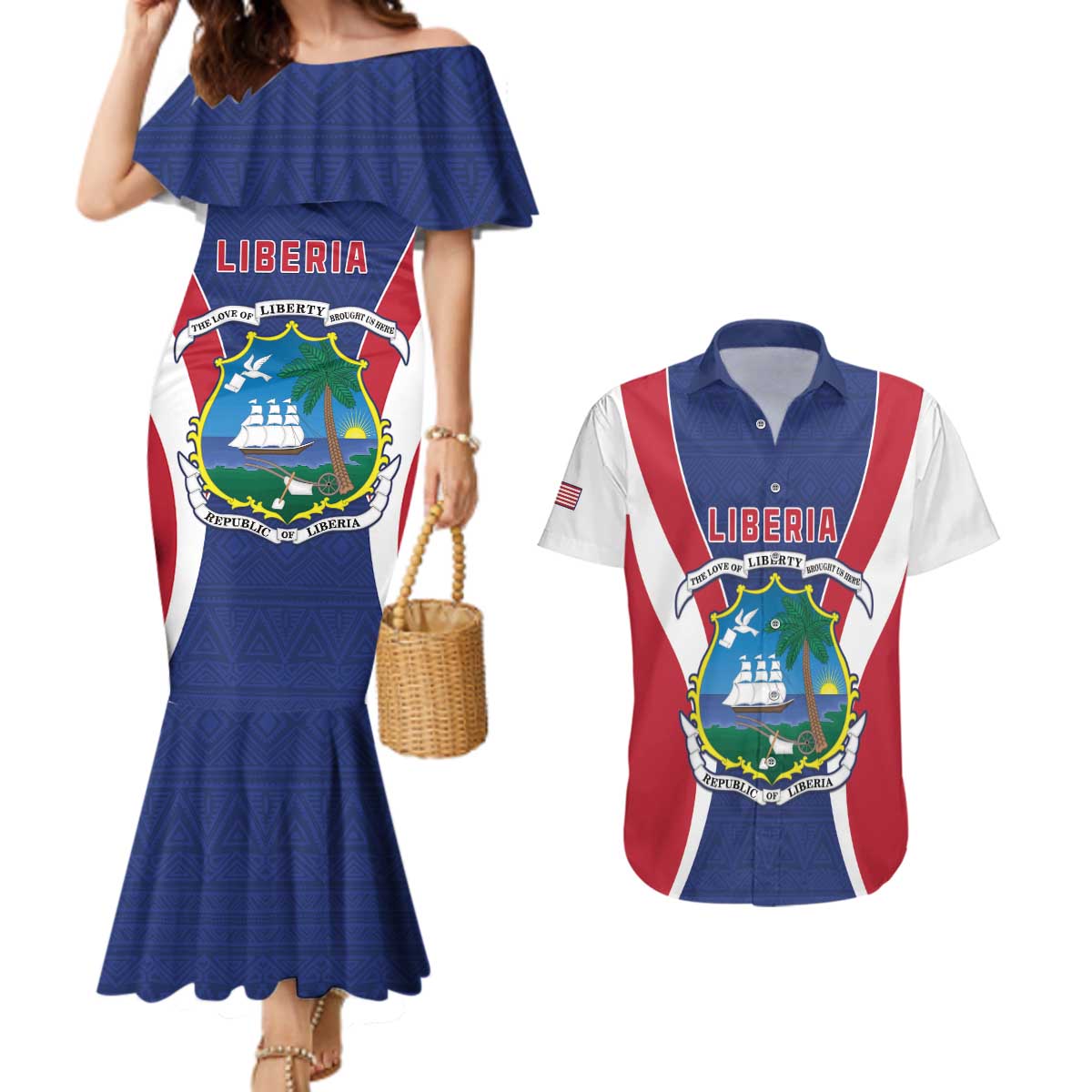 Personalised Liberia Couples Matching Mermaid Dress and Hawaiian Shirt Coat Of Arms With Flag Map