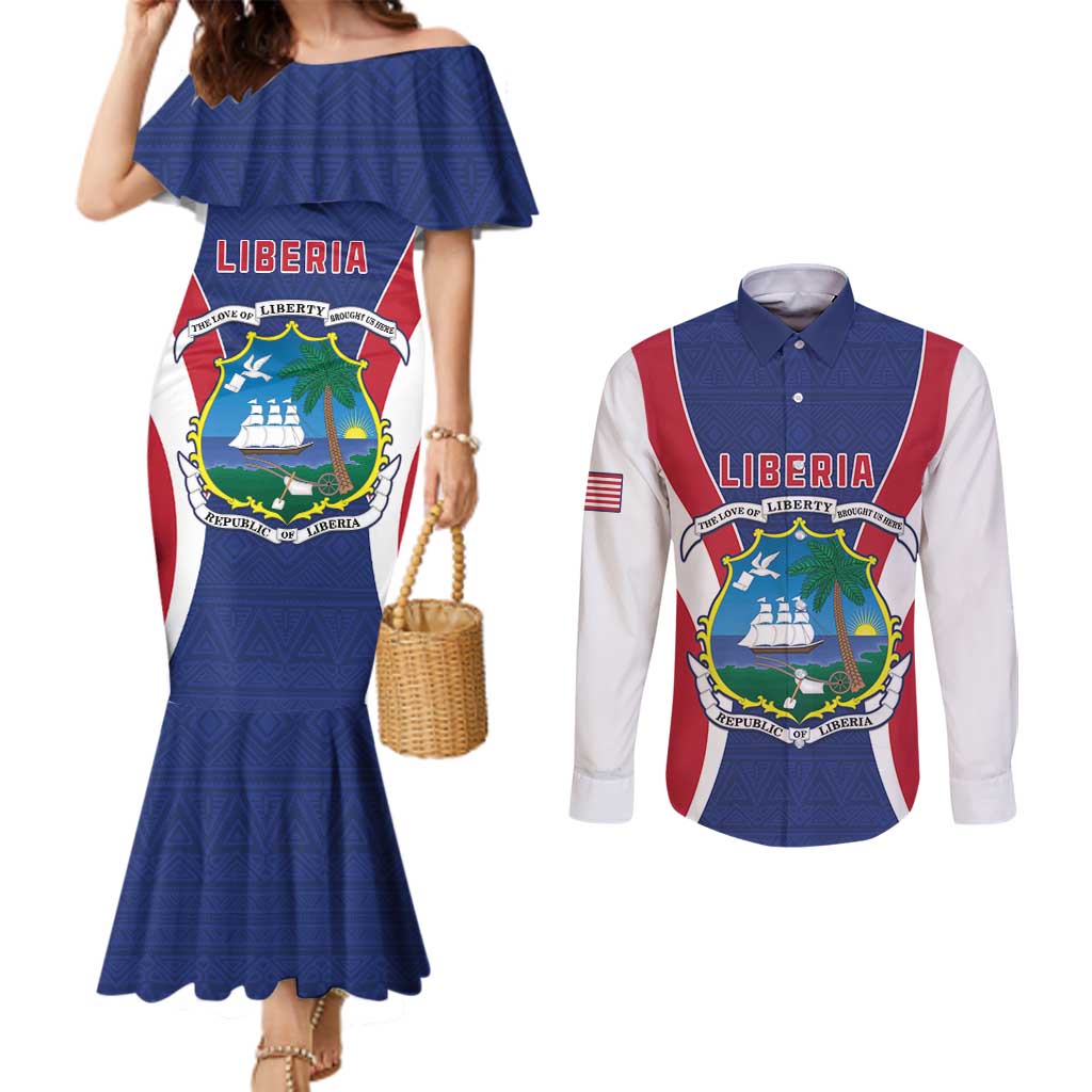 Personalised Liberia Couples Matching Mermaid Dress and Long Sleeve Button Shirt Coat Of Arms With Flag Map