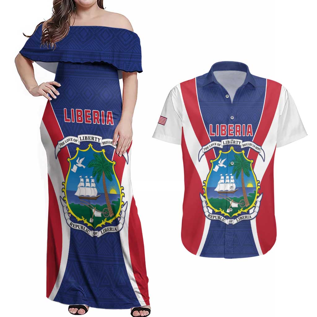 Personalised Liberia Couples Matching Off Shoulder Maxi Dress and Hawaiian Shirt Coat Of Arms With Flag Map