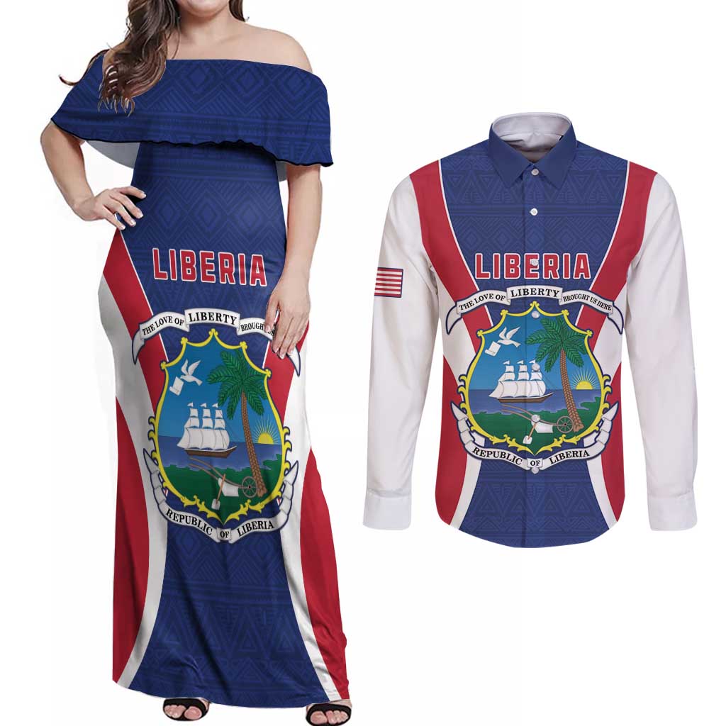 Personalised Liberia Couples Matching Off Shoulder Maxi Dress and Long Sleeve Button Shirt Coat Of Arms With Flag Map