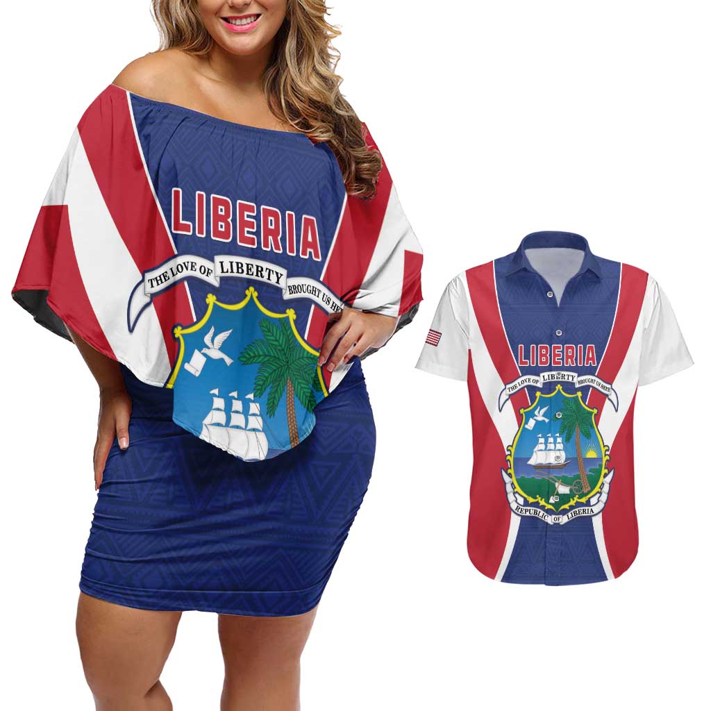 Personalised Liberia Couples Matching Off Shoulder Short Dress and Hawaiian Shirt Coat Of Arms With Flag Map