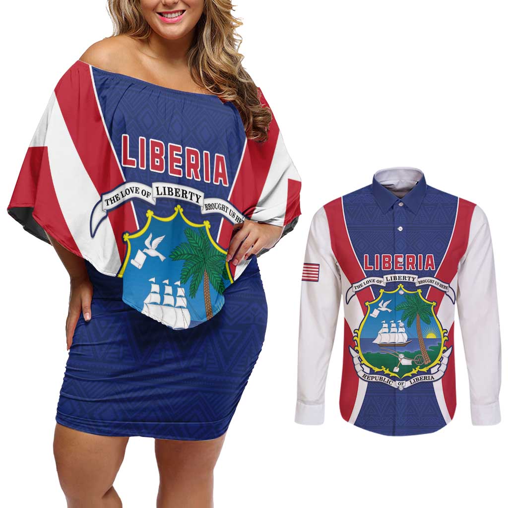 Personalised Liberia Couples Matching Off Shoulder Short Dress and Long Sleeve Button Shirt Coat Of Arms With Flag Map