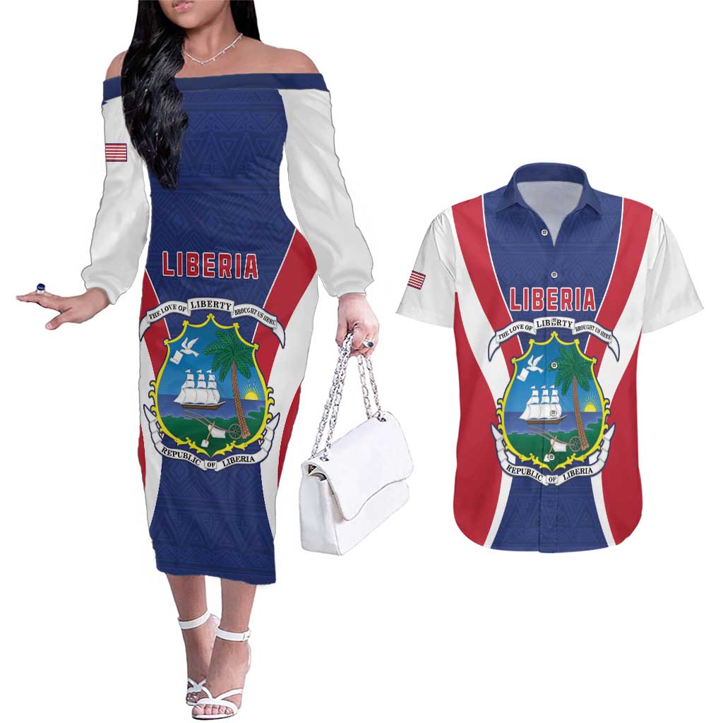 Personalised Liberia Couples Matching Off The Shoulder Long Sleeve Dress and Hawaiian Shirt Coat Of Arms With Flag Map