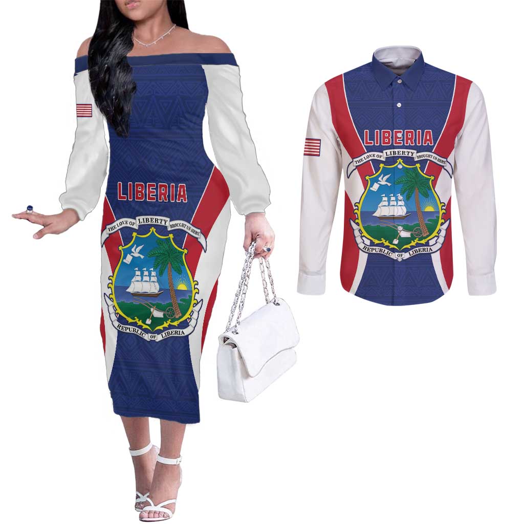 Personalised Liberia Couples Matching Off The Shoulder Long Sleeve Dress and Long Sleeve Button Shirt Coat Of Arms With Flag Map