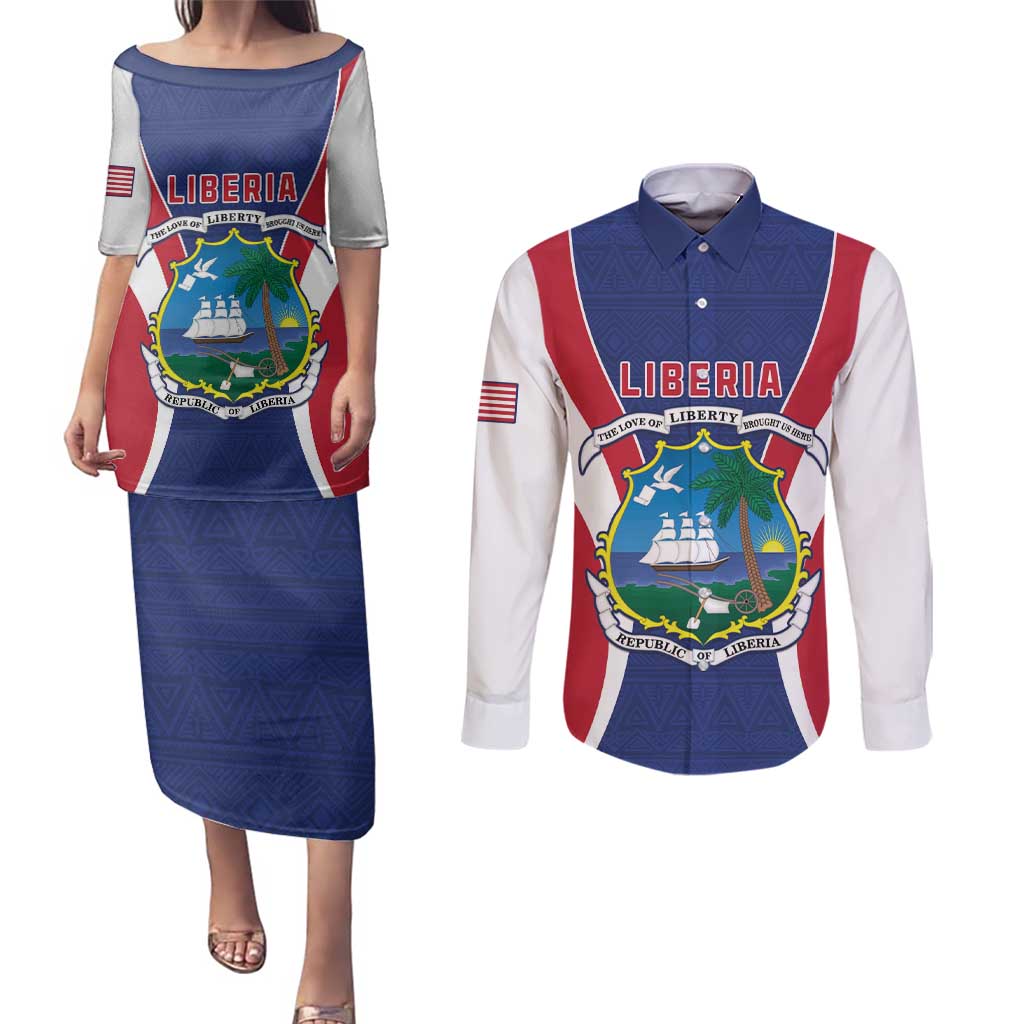 Personalised Liberia Couples Matching Puletasi and Long Sleeve Button Shirt Coat Of Arms With Flag Map