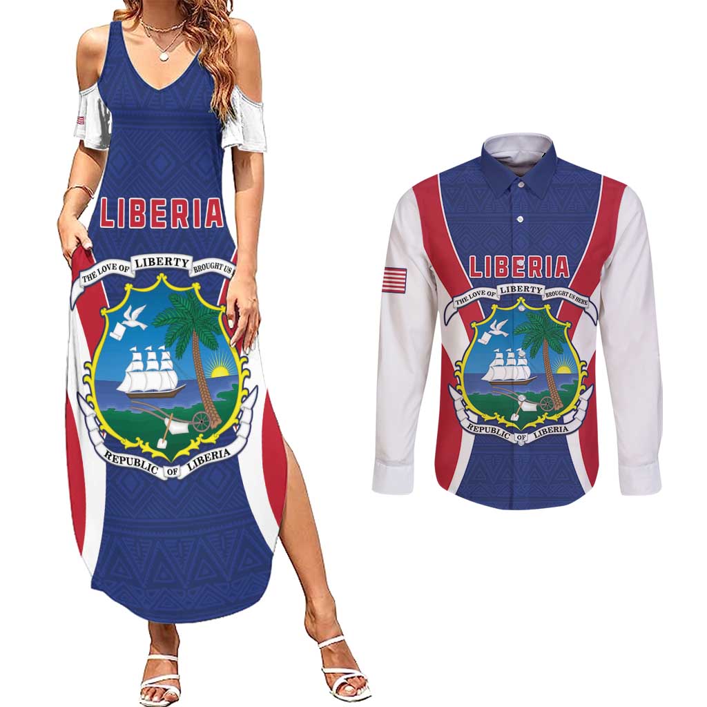 Personalised Liberia Couples Matching Summer Maxi Dress and Long Sleeve Button Shirt Coat Of Arms With Flag Map