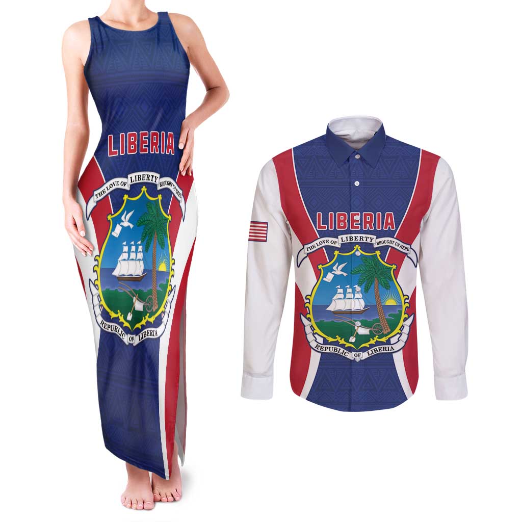 Personalised Liberia Couples Matching Tank Maxi Dress and Long Sleeve Button Shirt Coat Of Arms With Flag Map