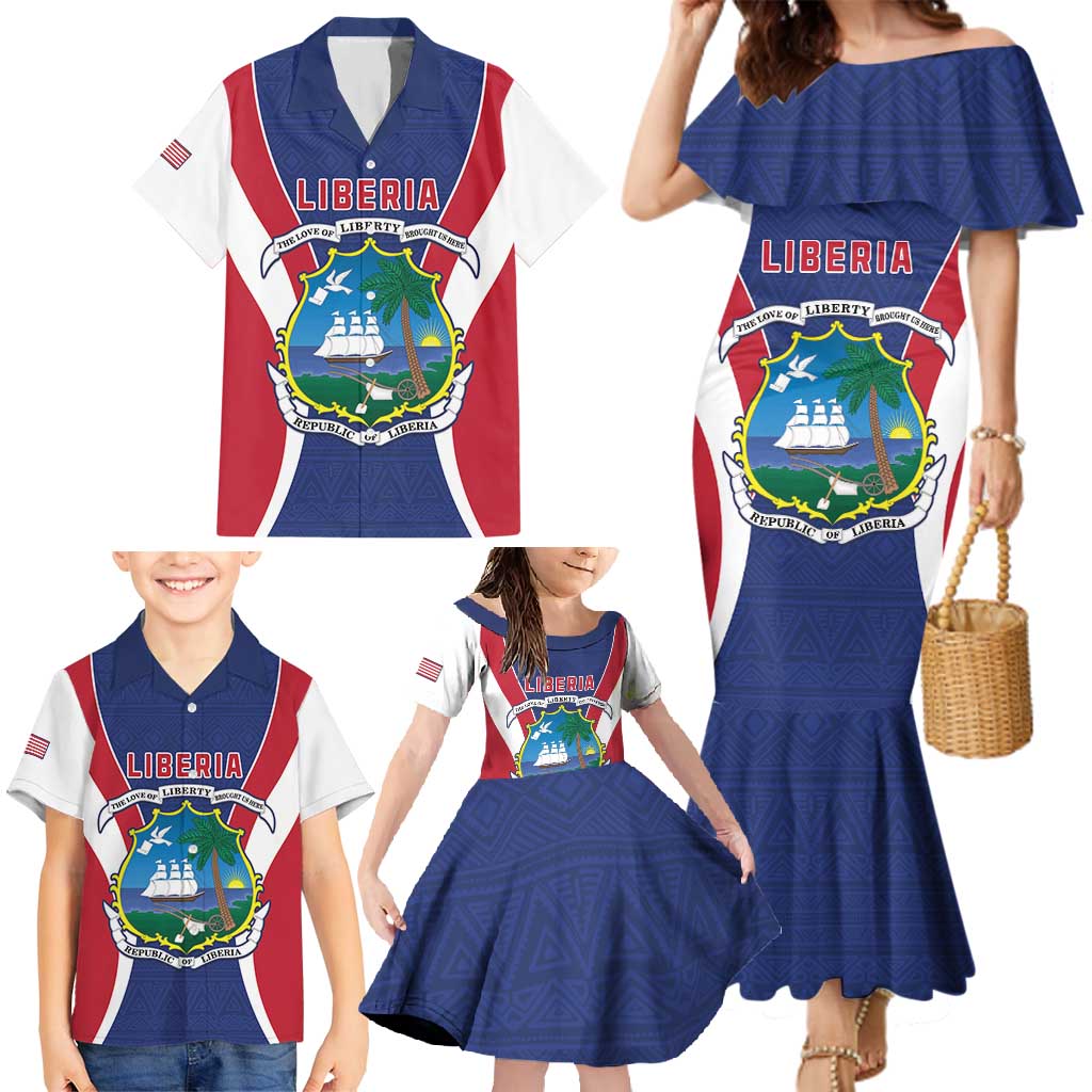 Personalised Liberia Family Matching Mermaid Dress and Hawaiian Shirt Coat Of Arms With Flag Map