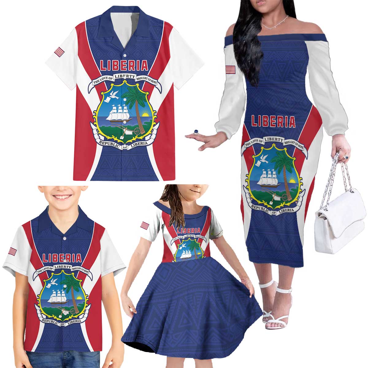 Personalised Liberia Family Matching Off The Shoulder Long Sleeve Dress and Hawaiian Shirt Coat Of Arms With Flag Map