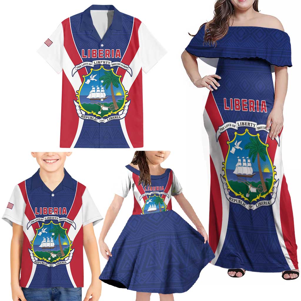 Personalised Liberia Family Matching Off Shoulder Maxi Dress and Hawaiian Shirt Coat Of Arms With Flag Map