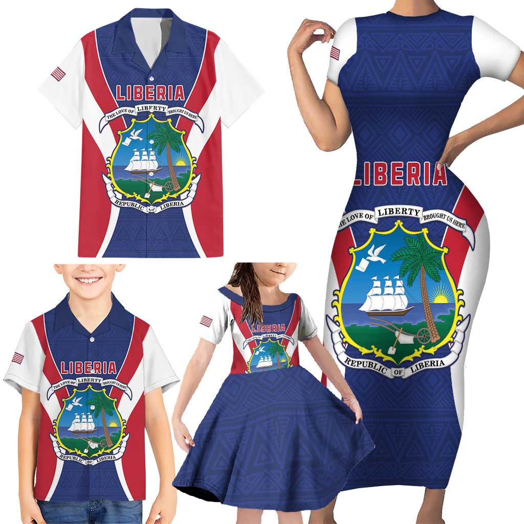 Personalised Liberia Family Matching Short Sleeve Bodycon Dress and Hawaiian Shirt Coat Of Arms With Flag Map