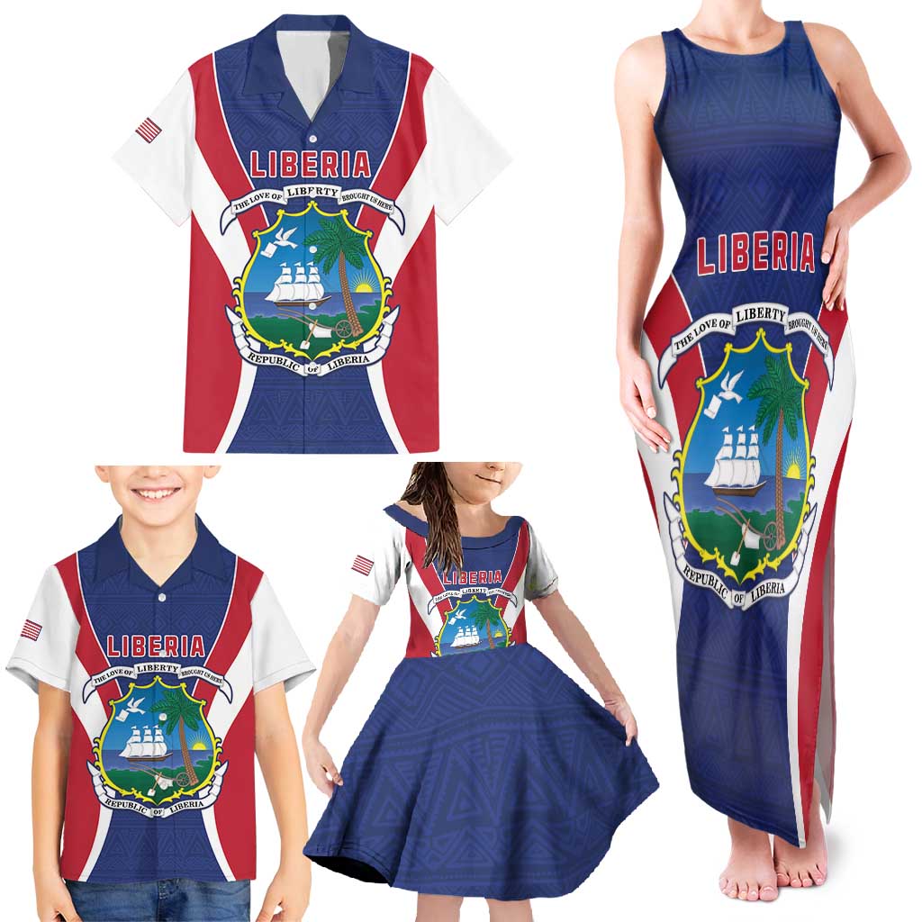 Personalised Liberia Family Matching Tank Maxi Dress and Hawaiian Shirt Coat Of Arms With Flag Map