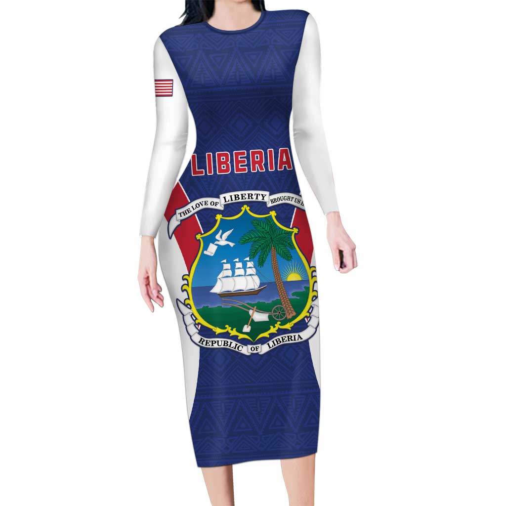 Personalised Liberia Long Sleeve Bodycon Dress Coat Of Arms With Flag Map