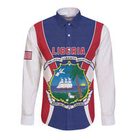 Personalized blue long-sleeve button shirt with Liberia crest and flag map graphic