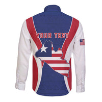 Personalized blue long-sleeve button shirt with back flag map graphic and text