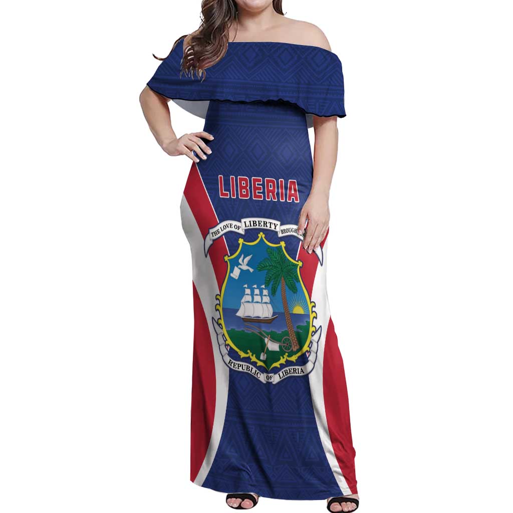 Personalised Liberia Off Shoulder Maxi Dress Coat Of Arms With Flag Map