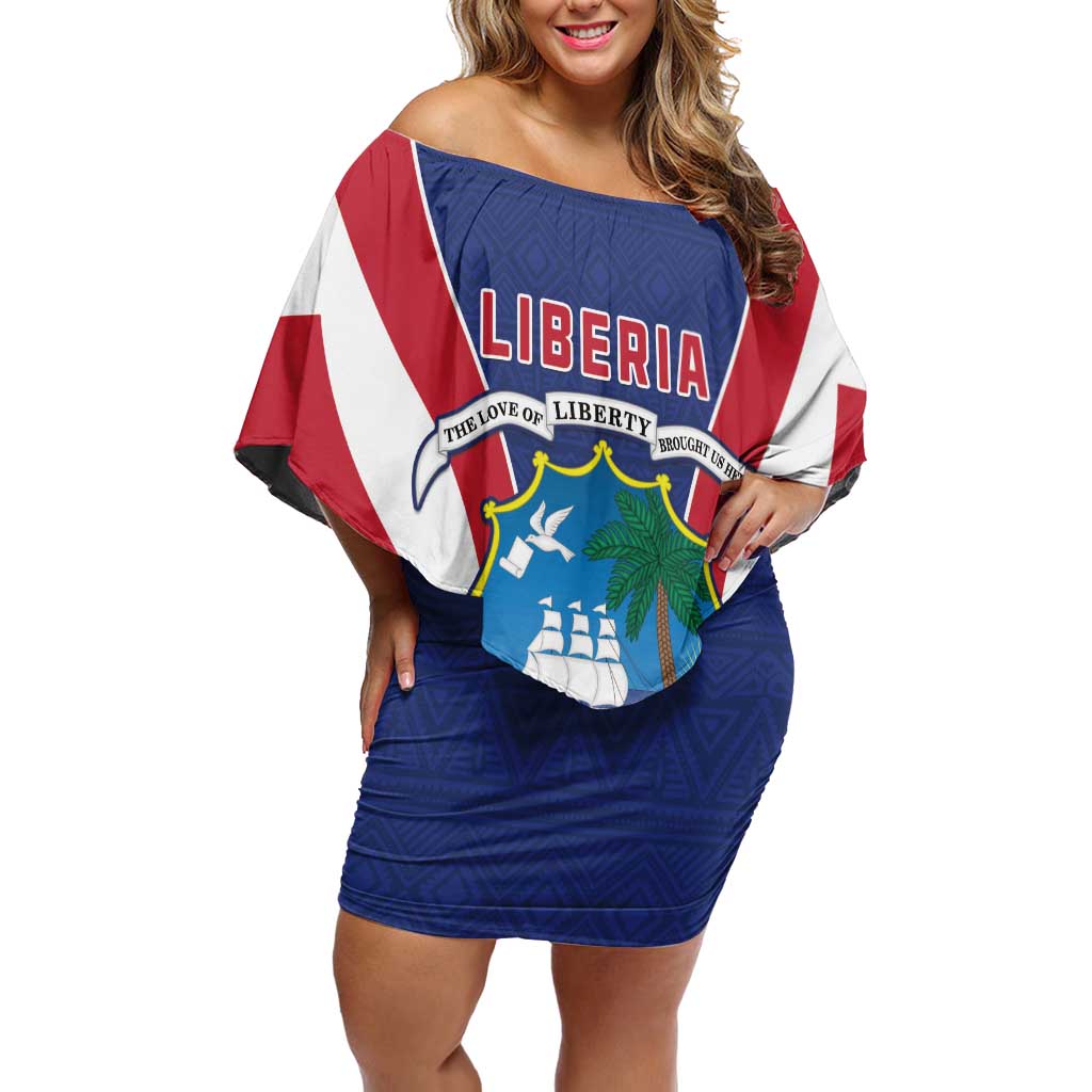 Personalised Liberia Off Shoulder Short Dress Coat Of Arms With Flag Map