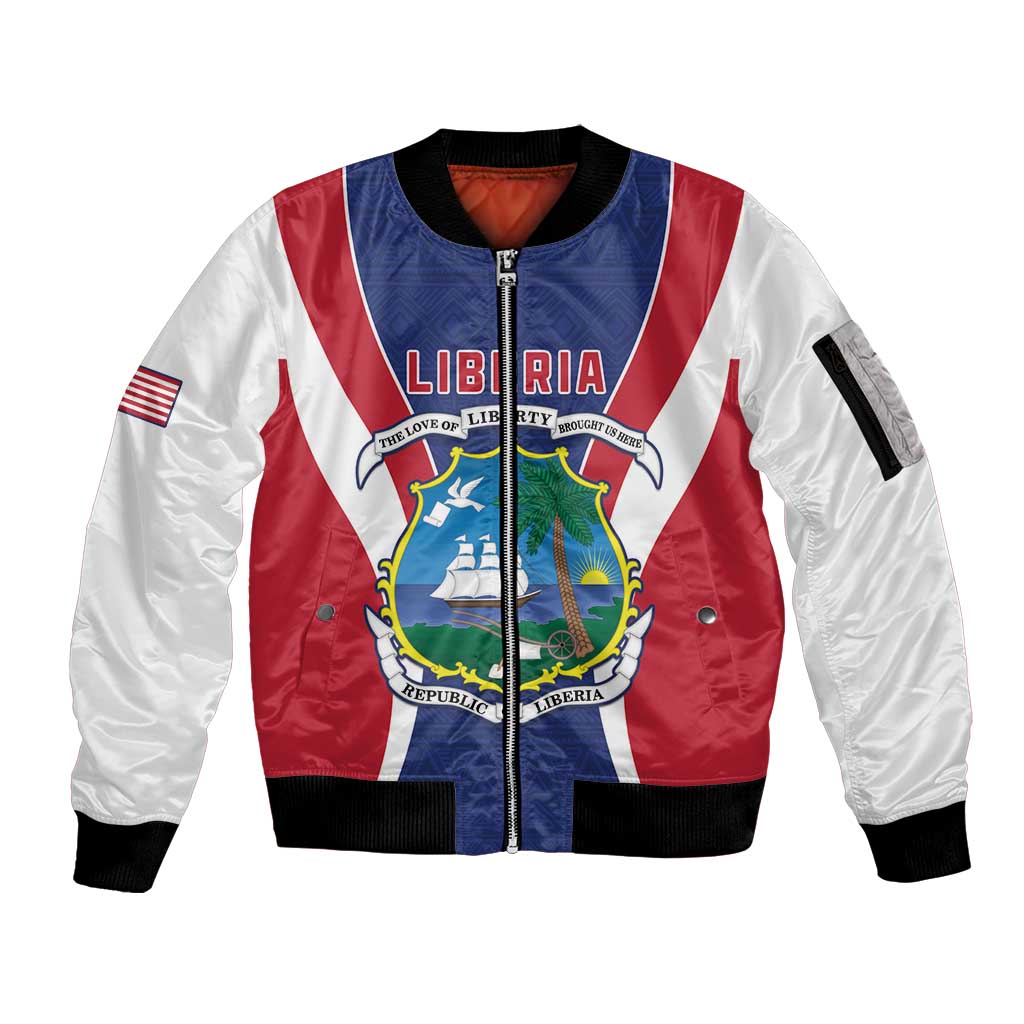 Personalised Liberia Sleeve Zip Bomber Jacket Coat Of Arms With Flag Map