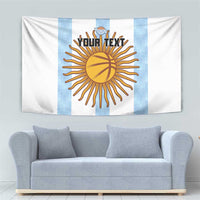 Basketball wall tapestry: white fabric with blue stripes and central sun basketball graphic