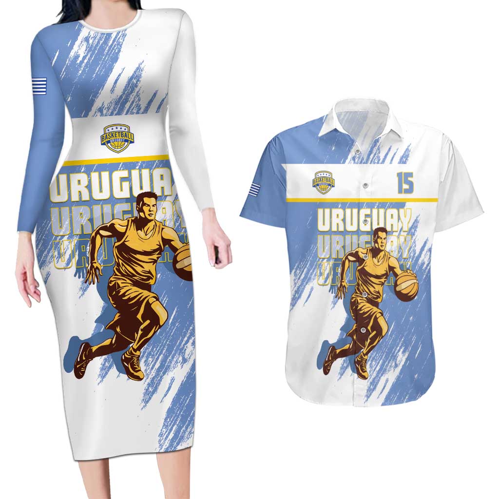 Custom Uruguay Basketball Couples Matching Long Sleeve Bodycon Dress and Hawaiian Shirt Come On Charruas