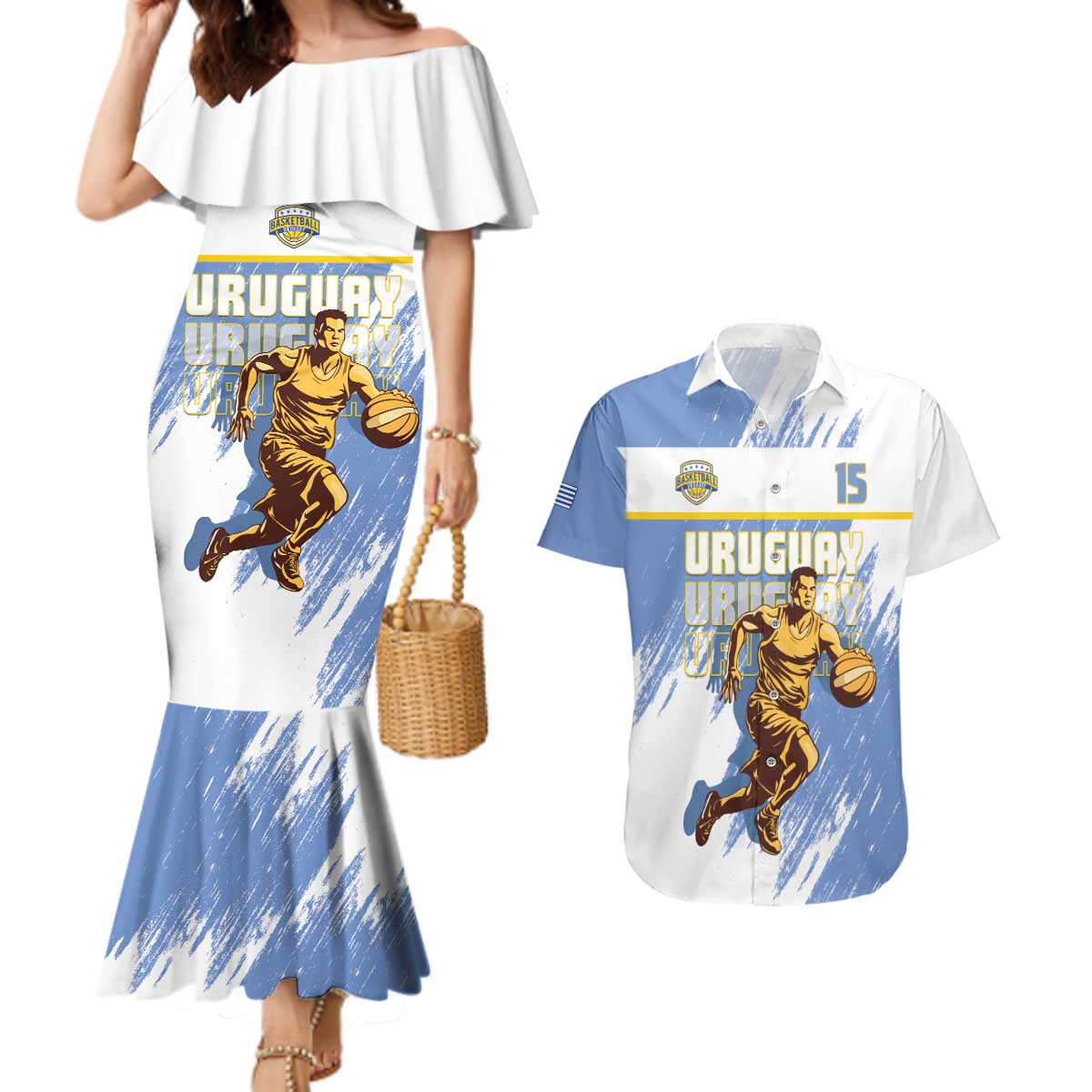 Custom Uruguay Basketball Couples Matching Mermaid Dress and Hawaiian Shirt Come On Charruas