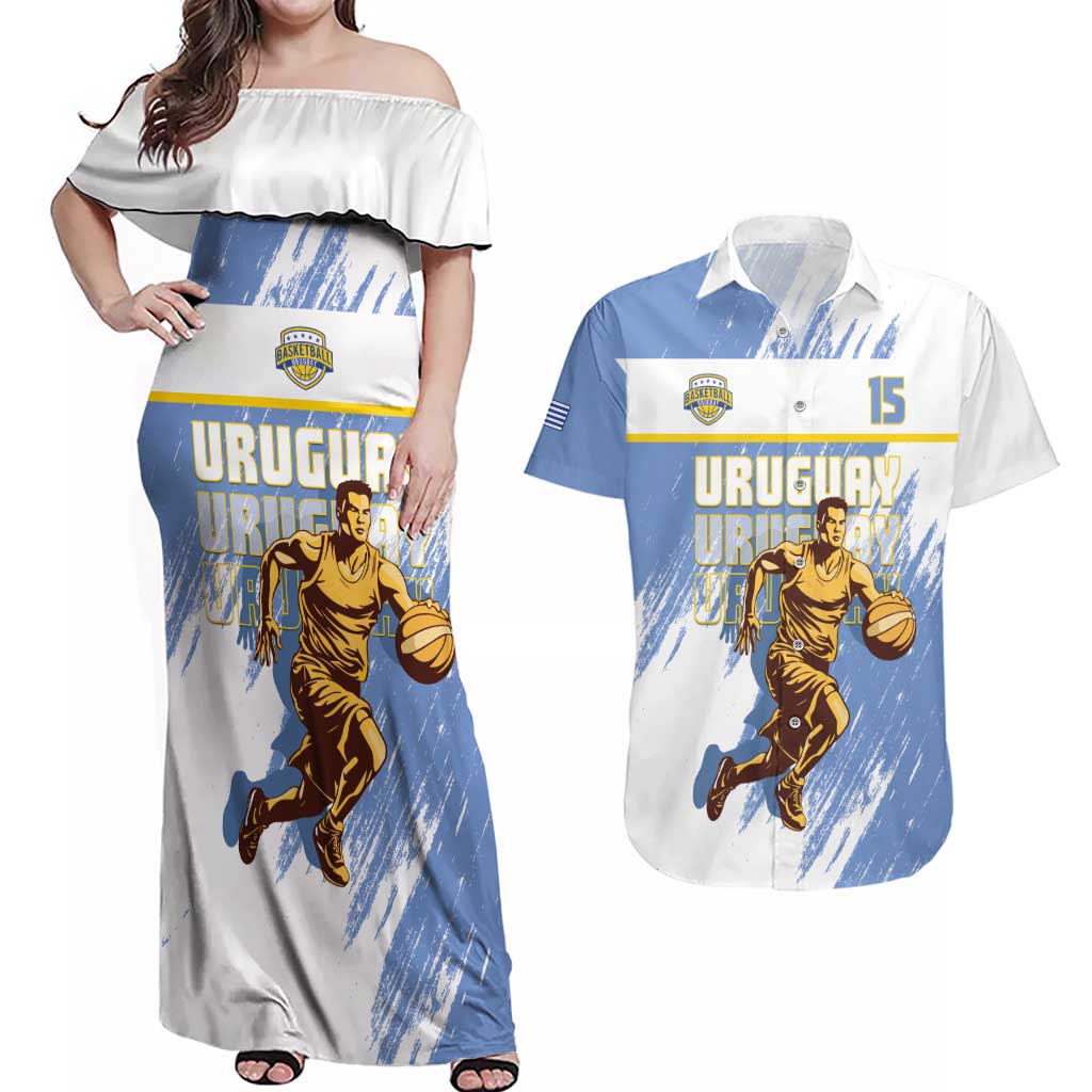 Custom Uruguay Basketball Couples Matching Off Shoulder Maxi Dress and Hawaiian Shirt Come On Charruas