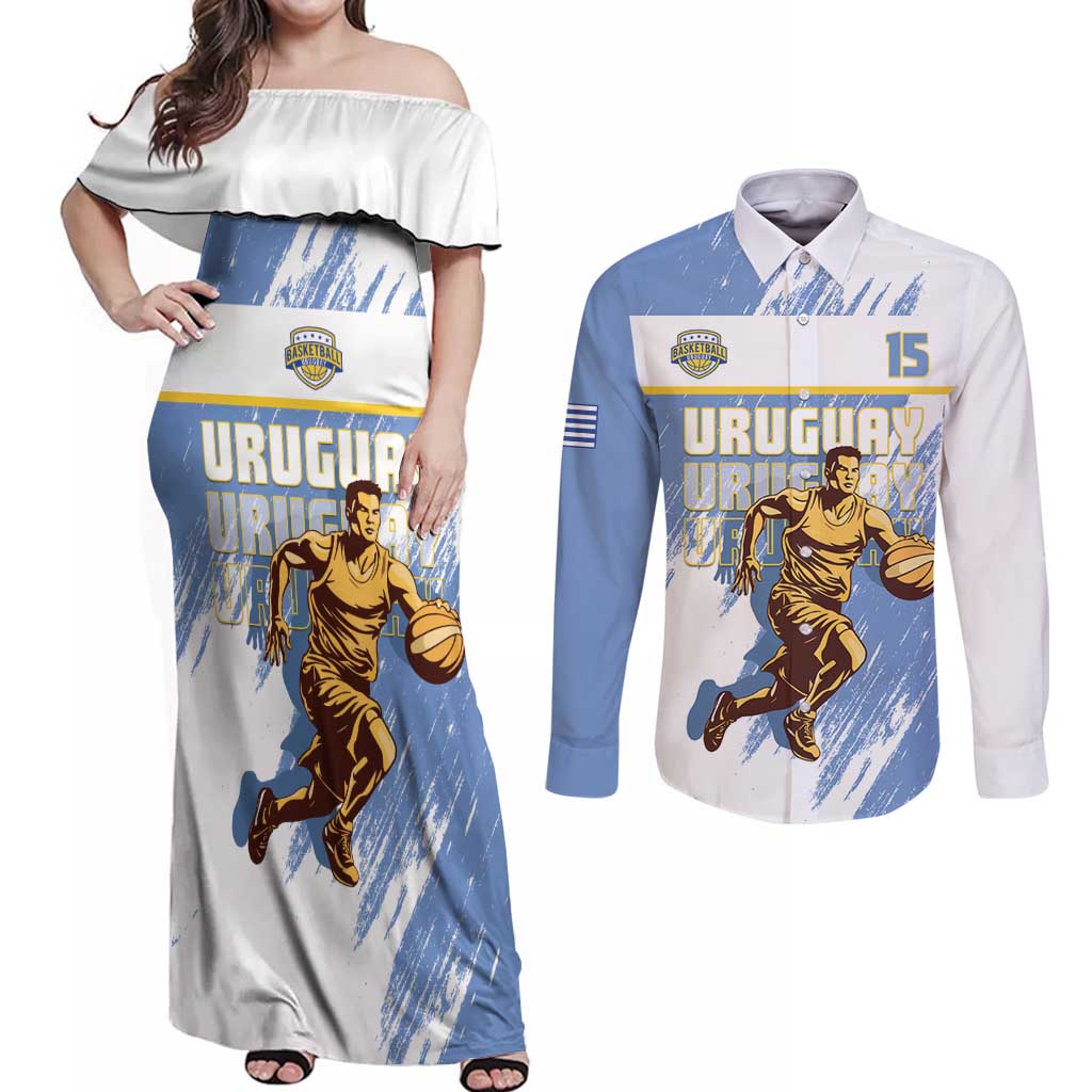 Custom Uruguay Basketball Couples Matching Off Shoulder Maxi Dress and Long Sleeve Button Shirt Come On Charruas