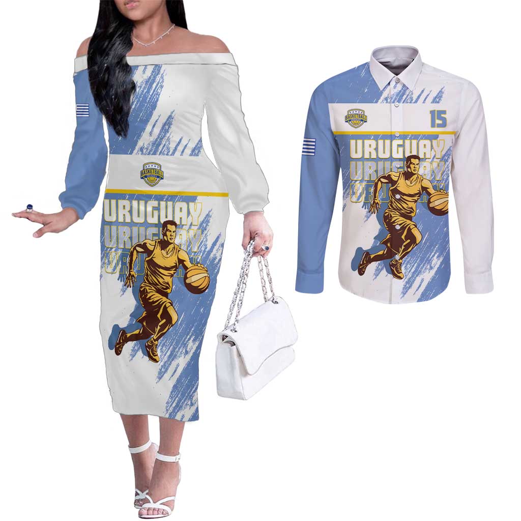 Custom Uruguay Basketball Couples Matching Off The Shoulder Long Sleeve Dress and Long Sleeve Button Shirt Come On Charruas