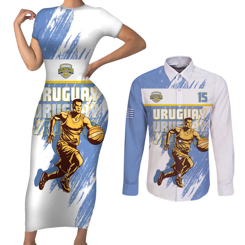 Custom Uruguay Basketball Couples Matching Short Sleeve Bodycon Dress and Long Sleeve Button Shirt Come On Charruas