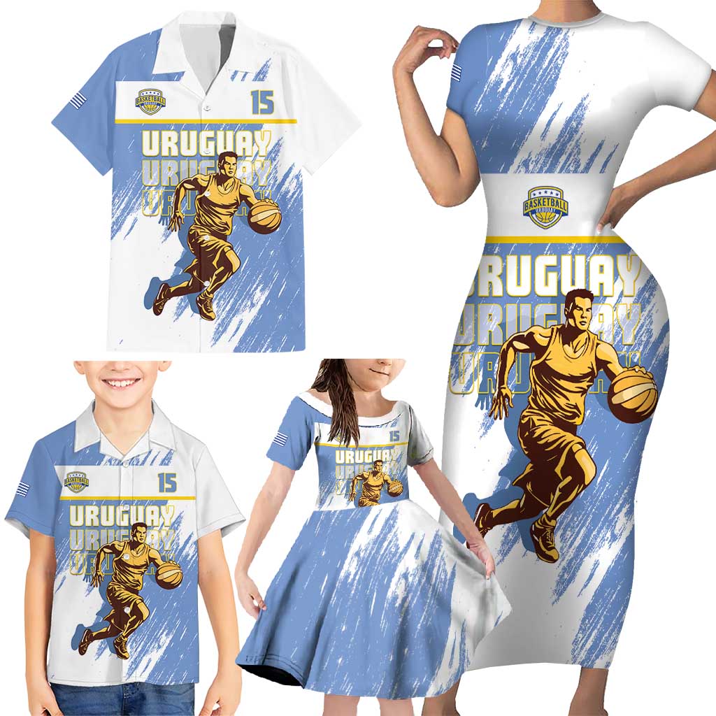 Custom Uruguay Basketball Family Matching Short Sleeve Bodycon Dress and Hawaiian Shirt Come On Charruas