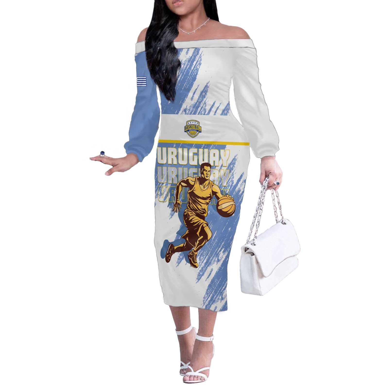 Custom Uruguay Basketball Off The Shoulder Long Sleeve Dress Come On Charruas