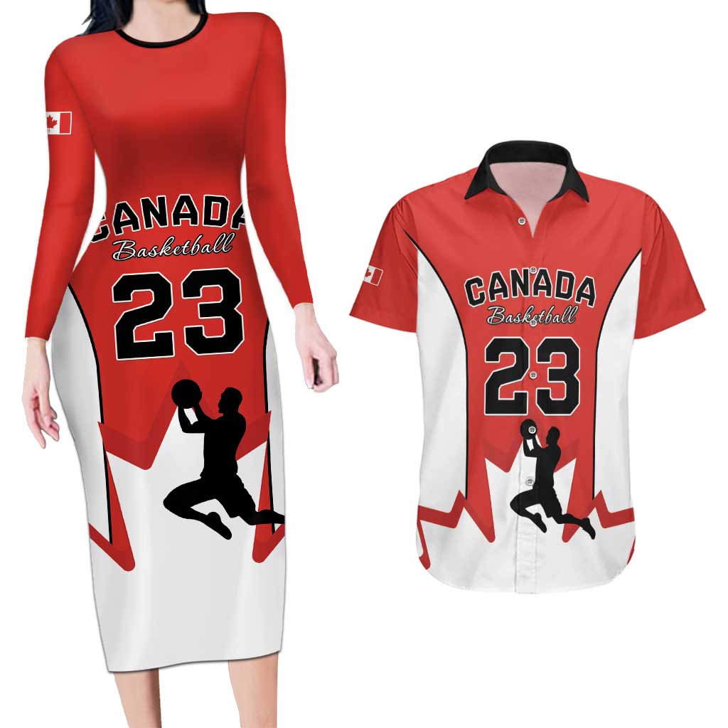 Custom Canada Basketball Couples Matching Long Sleeve Bodycon Dress and Hawaiian Shirt Go Champions Team Canada