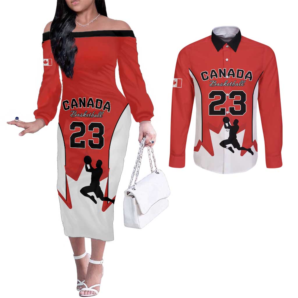 Custom Canada Basketball Couples Matching Off The Shoulder Long Sleeve Dress and Long Sleeve Button Shirt Go Champions Team Canada