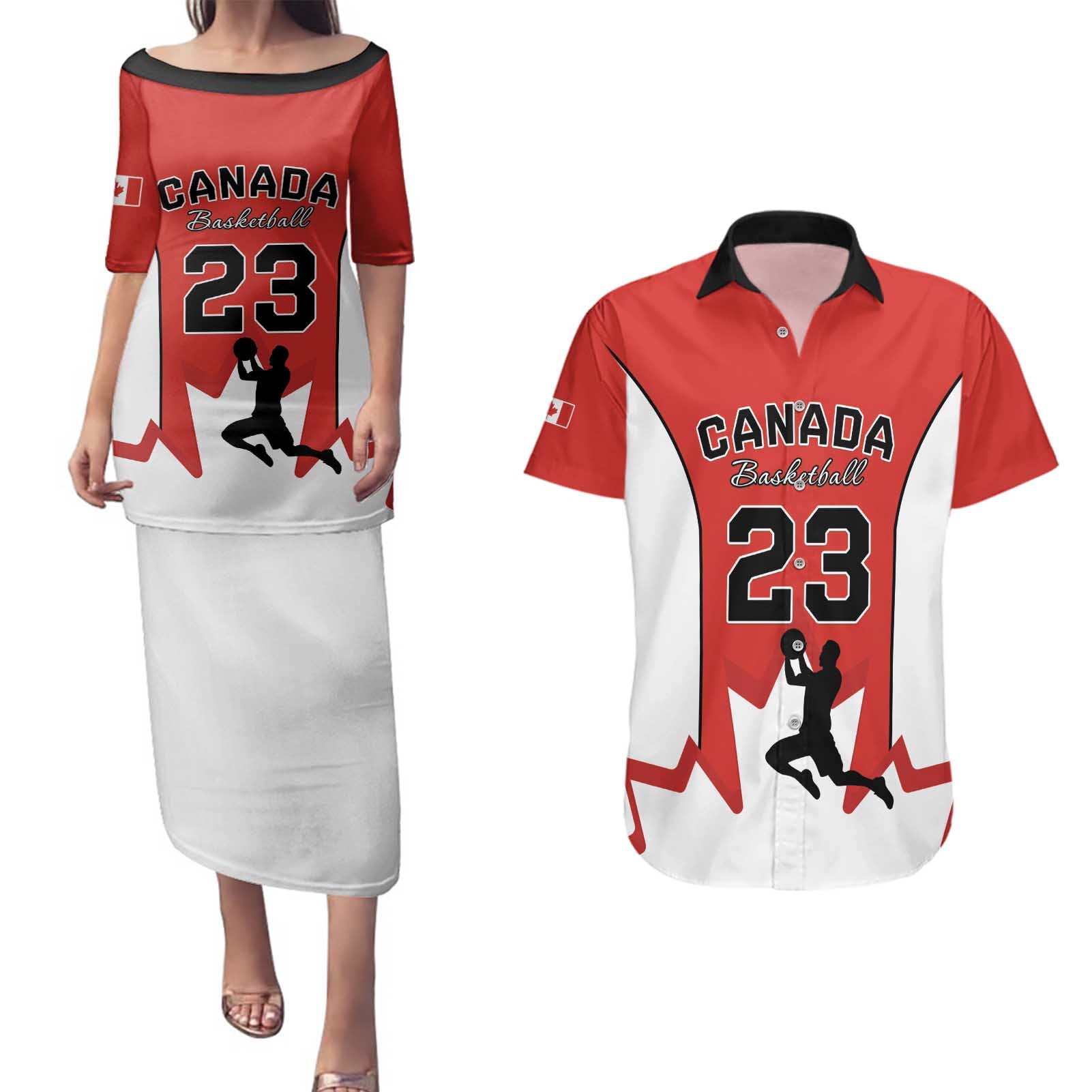 Custom Canada Basketball Couples Matching Puletasi and Hawaiian Shirt Go Champions Team Canada