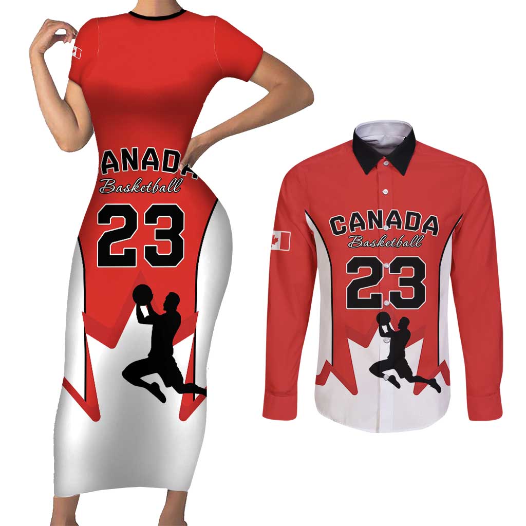 Custom Canada Basketball Couples Matching Short Sleeve Bodycon Dress and Long Sleeve Button Shirt Go Champions Team Canada