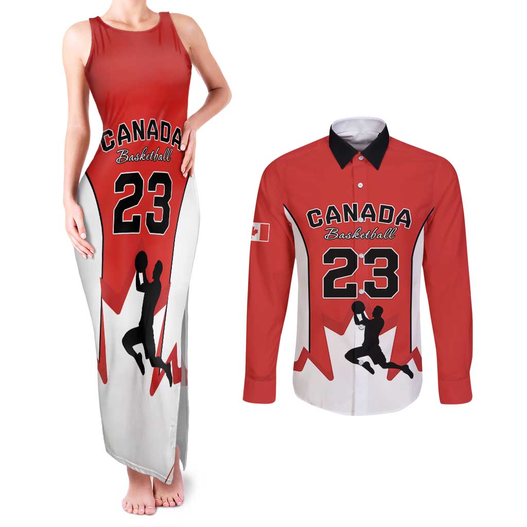 Custom Canada Basketball Couples Matching Tank Maxi Dress and Long Sleeve Button Shirt Go Champions Team Canada