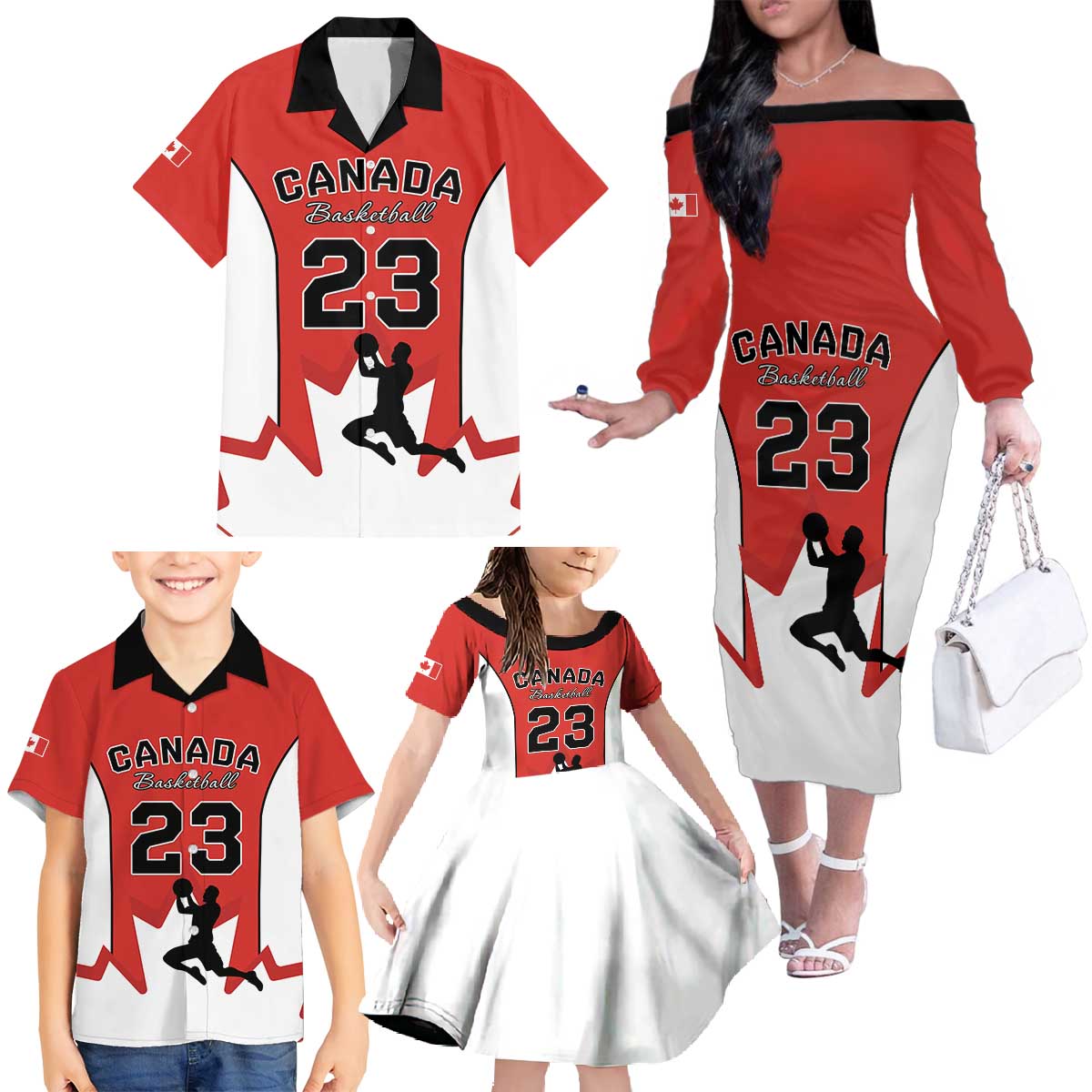 Custom Canada Basketball Family Matching Off The Shoulder Long Sleeve Dress and Hawaiian Shirt Go Champions Team Canada