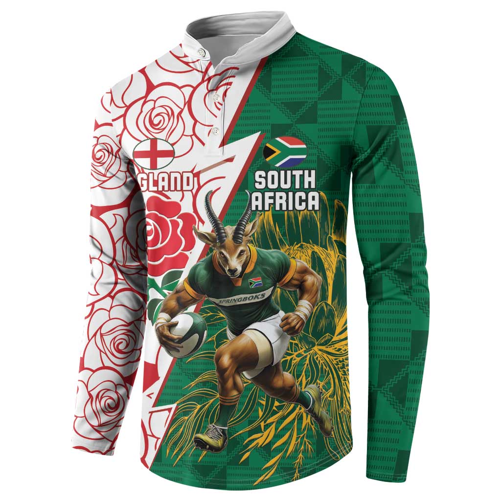 Personalized green and white long-sleeve rugby button sweatshirt with South Africa mascot