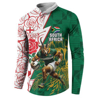 Personalized green and white long-sleeve rugby button sweatshirt with South Africa mascot