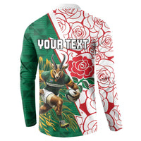 Personalized green and white rugby button sweatshirt with 'YOUR TEXT' mascot artwork